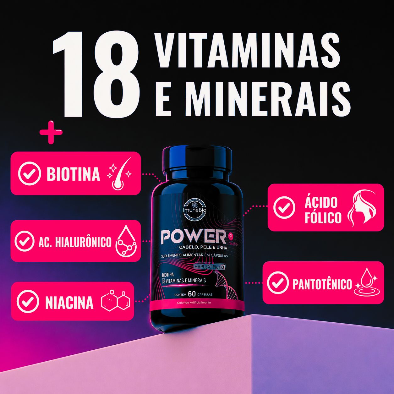 Power Mulher - Cabelo Pele Unha Premium - 18 Vitaminas e Minerais - 60 Caps
