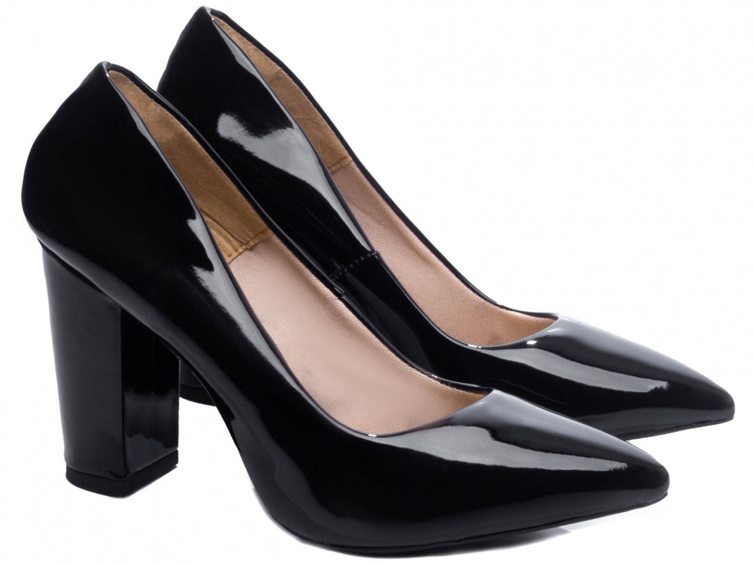 Sapato Scarpin Salto Quadrado Verniz Preto