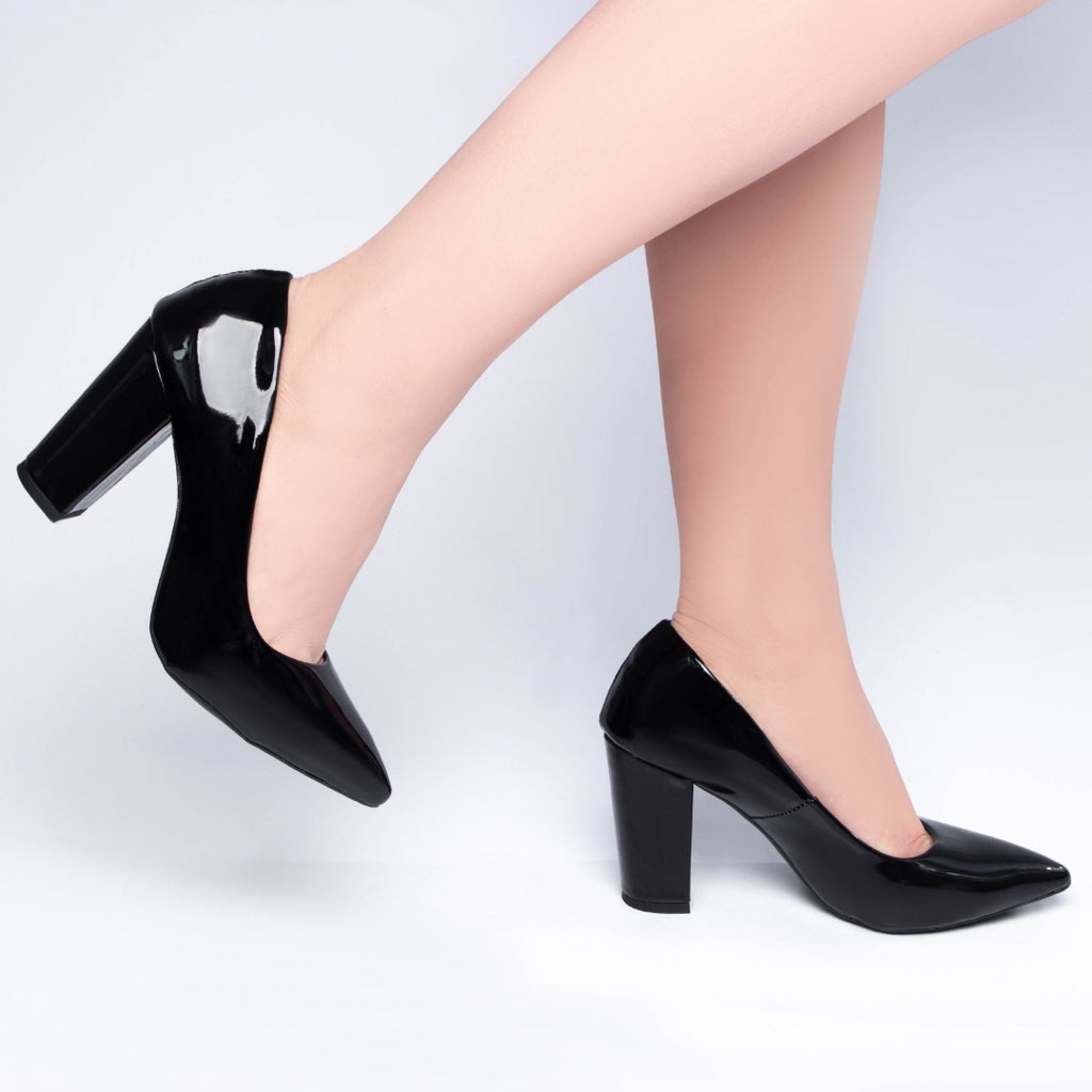 Sapato Scarpin Salto Quadrado Verniz Preto